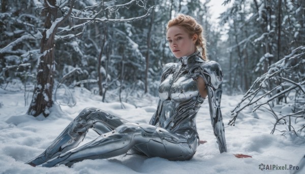 1girl, solo, long hair, breasts, looking at viewer, blue eyes, blonde hair, sitting, weapon, braid, outdoors, parted lips, armor, tree, lips, bodysuit, blood, arm support, nature, snow, forest, science fiction, realistic, winter, bare tree