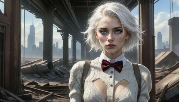 HQ,1girl,solo,breasts,looking at viewer,short hair,blue eyes,shirt,bow,cleavage,medium breasts,white shirt,upper body,white hair,outdoors,parted lips,sky,teeth,day,collared shirt,artist name,cloud,bowtie,bra,red bow,blue sky,lips,torn clothes,clothing cutout,makeup,buttons,cleavage cutout,suspenders,cloudy sky,lipstick,building,red bowtie,freckles,city,realistic,nose,red lips,ruins,partially unbuttoned,dirty,dirty face,post-apocalypse,underwear,mole,dress shirt,sunlight,wind,messy hair,white bra,aircraft,unbuttoned,airplane,torn shirt,damaged,skyscraper,dirty clothes