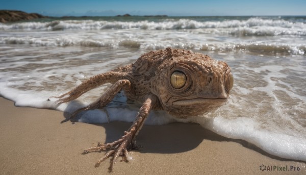 outdoors, sky, day, water, no humans, ocean, animal, beach, realistic, sand, crab, oversized animal