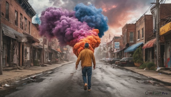 black hair, 1boy, male focus, outdoors, sky, pants, cloud, hood, from behind, denim, ground vehicle, building, scenery, motor vehicle, smoke, walking, jeans, city, car, road, power lines, street, destruction