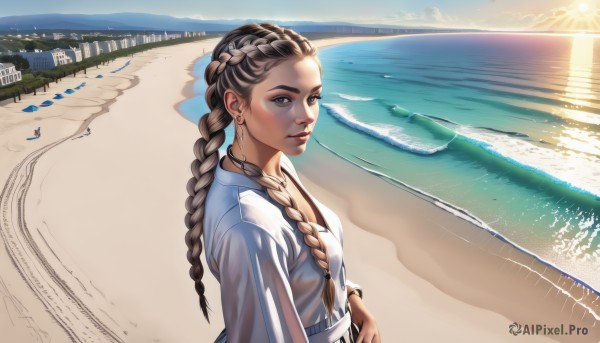 1girl,solo,long hair,breasts,looking at viewer,blue eyes,brown hair,shirt,brown eyes,jewelry,closed mouth,white shirt,upper body,braid,multicolored hair,earrings,small breasts,outdoors,sky,day,dark skin,water,necklace,twin braids,bracelet,two-tone hair,dark-skinned female,lips,looking to the side,ocean,beach,sunlight,realistic,nose,sand,sun,hair behind ear,multiple braids,long sleeves,dress,artist name,cloud,white dress,from side,makeup,piercing,thick eyebrows,scenery,forehead,horizon,road,waves,shore