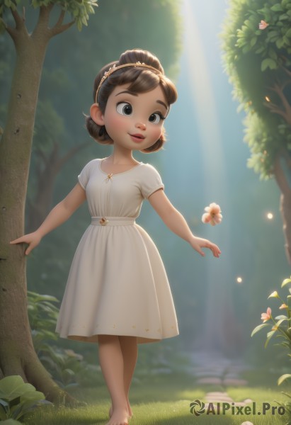 1girl,solo,smile,short hair,open mouth,brown hair,dress,brown eyes,standing,full body,flower,short sleeves,hairband,outdoors,barefoot,day,hair bun,white dress,black eyes,tree,sunlight,single hair bun,grass,bug,butterfly,child,nature,forest,light rays,female child,jewelry,parted lips,necklace,lips,toes,leaf,rock,mushroom