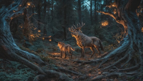 outdoors,tree,no humans,night,animal,nature,scenery,forest,fantasy,dark,antlers,deer,glowing