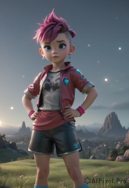 1girl,solo,looking at viewer,short hair,blue eyes,shirt,jewelry,closed mouth,standing,jacket,white shirt,pink hair,flower,short sleeves,heart,multicolored hair,earrings,outdoors,open clothes,sky,shorts,socks,artist name,blurry,flat chest,two-tone hair,open jacket,lips,kneehighs,night,black shorts,grass,aged down,t-shirt,wristband,child,red jacket,zipper,backlighting,hands on hips,mountain,nose,pink jacket,undercut,badge,tomboy,button badge,mohawk,eyebrow cut,breasts,bangs,feet out of frame,watermark,scar,web address,scar on face,asymmetrical hair,rock,very short hair