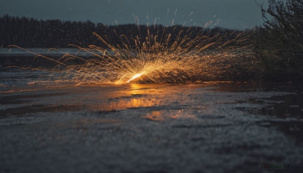 outdoors,sky,water,tree,no humans,night,star (sky),nature,night sky,scenery,starry sky,reflection,fireworks,reflective water,sparkler,snow,forest,dark