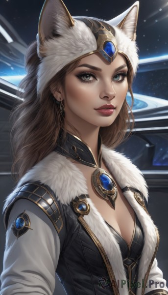 1girl,solo,long hair,breasts,looking at viewer,blue eyes,brown hair,hat,animal ears,cleavage,jewelry,medium breasts,closed mouth,upper body,earrings,small breasts,artist name,cat ears,signature,lips,grey eyes,fur trim,eyelashes,makeup,lipstick,brooch,gem,eyeshadow,nose,red lips,necklace,realistic