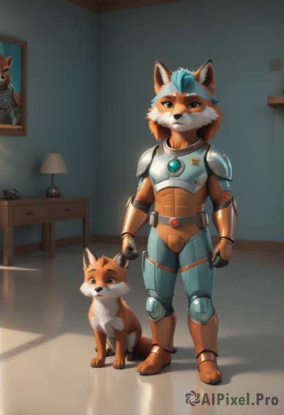 solo,smile,short hair,gloves,1boy,animal ears,brown eyes,closed mouth,blue hair,standing,tail,full body,male focus,boots,teeth,shiny,belt,artist name,indoors,signature,armor,looking at another,black eyes,two-tone hair,fox ears,bodysuit,fox tail,animal,watermark,looking down,table,happy,fox girl,shoulder armor,gauntlets,clenched hand,furry,clenched hands,reflection,dog,breastplate,armored boots,lamp,furry male,body fur,white fur,animal nose,snout,brown fur,two-tone fur,blue gemstone,orange footwear,picture (object),fox boy,blue fur,orange fur,1girl,looking at viewer,green eyes,multicolored hair,orange hair,shadow,web address,arms at sides,headpat,fox,painting (object)