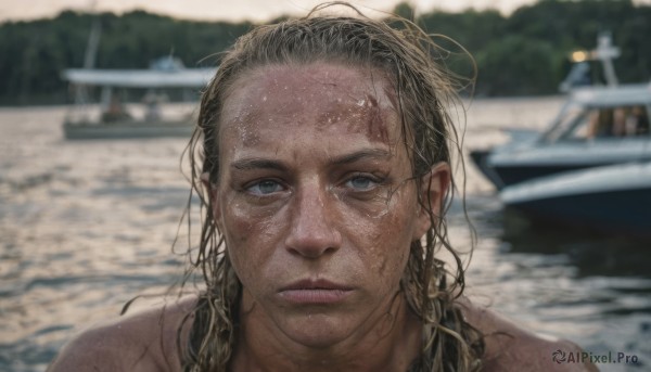 1girl,solo,long hair,looking at viewer,blue eyes,brown hair,black hair,1boy,closed mouth,outdoors,parted lips,day,dark skin,water,blurry,lips,wet,grey eyes,depth of field,blurry background,scar,expressionless,messy hair,portrait,forehead,freckles,realistic,wet hair,watercraft,ship,boat,male focus,teeth,pool,photo background