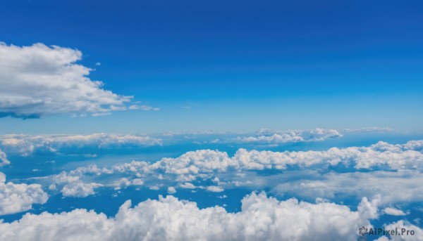 monochrome,outdoors,sky,day,cloud,blue sky,no humans,cloudy sky,scenery,blue theme,horizon,above clouds,water,ocean