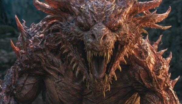 solo,looking at viewer,open mouth,red eyes,upper body,horns,teeth,blurry,orange eyes,no humans,blurry background,fangs,sharp teeth,claws,spikes,monster,dragon,scales,tongue