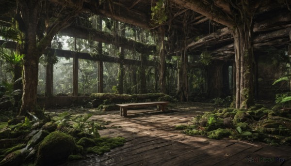 outdoors,day,indoors,tree,dutch angle,no humans,window,leaf,sunlight,grass,plant,nature,scenery,forest,light rays,rock,bench,ruins,moss,overgrown,vines,dappled sunlight