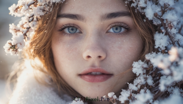 1girl, solo, looking at viewer, blue eyes, blonde hair, brown hair, flower, parted lips, teeth, blurry, lips, eyelashes, portrait, close-up, realistic, nose