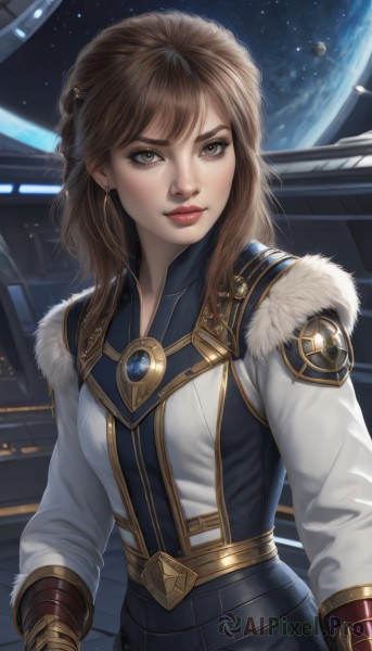 1girl,solo,long hair,breasts,looking at viewer,bangs,brown hair,hair ornament,gloves,long sleeves,brown eyes,jewelry,closed mouth,upper body,braid,artist name,signature,lips,fur trim,makeup,lipstick,star (sky),science fiction,realistic,nose,red lips,space,planet,earth (planet),spacecraft,earrings,instrument