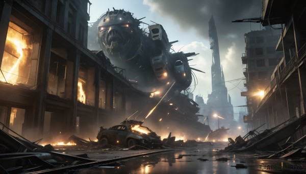 HQ,red eyes,outdoors,sky,day,cloud,water,military,no humans,glowing,cloudy sky,fire,robot,ground vehicle,building,scenery,glowing eyes,motor vehicle,smoke,reflection,science fiction,monster,city,military vehicle,car,ruins,power lines,damaged,train,destruction,sparks,window,mecha,realistic,battle,watercraft,bridge