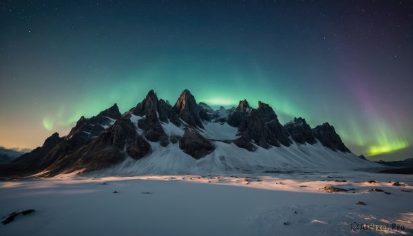 outdoors,sky,cloud,tree,no humans,night,star (sky),night sky,scenery,snow,starry sky,rock,mountain,landscape,mountainous horizon,aurora,snowing,winter,gradient sky,footprints