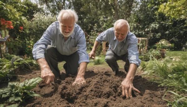 smile,shirt,white shirt,flower,white hair,male focus,outdoors,multiple boys,day,pants,2boys,vest,tree,facial hair,squatting,grass,plant,nature,beard,sleeves rolled up,forest,realistic,fence,mustache,old,dirty,old man,dirty face,dirty clothes,garden,wrinkled skin,dirty feet,short hair,blonde hair,1boy,closed eyes,collared shirt,black pants,suspenders,bald