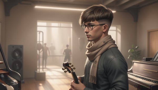 short hair,brown hair,1boy,holding,brown eyes,jacket,upper body,male focus,multiple boys,glasses,solo focus,indoors,scarf,blurry,lips,window,sunlight,plant,instrument,black-framed eyewear,realistic,nose,music,guitar,leather,playing instrument,holding instrument,leather jacket,brown scarf,piano,solo,black hair,parted lips,wooden floor