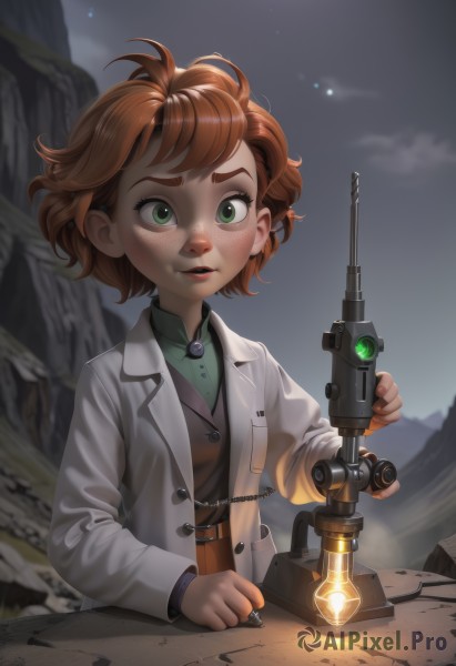 1girl,solo,looking at viewer,short hair,brown hair,shirt,long sleeves,holding,green eyes,upper body,red hair,outdoors,parted lips,sky,cloud,coat,night,thick eyebrows,freckles,lantern,rock,green shirt,labcoat,white coat,artist name,orange hair,lips,child