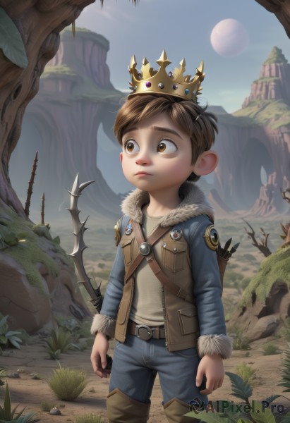 solo,short hair,brown hair,shirt,long sleeves,1boy,brown eyes,closed mouth,standing,jacket,weapon,male focus,boots,outdoors,sky,day,belt,pants,vest,tree,fur trim,thigh boots,moon,grass,crown,child,nature,bow (weapon),rock,arrow (projectile),arms at sides,fur-trimmed jacket,male child,leather,quiver,leaf,facial mark,denim,fantasy,castle,cliff