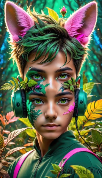 1girl,solo,looking at viewer,short hair,1boy,animal ears,closed mouth,green eyes,jacket,upper body,male focus,multicolored hair,outdoors,green hair,artist name,cat ears,blurry,two-tone hair,lips,animal ear fluff,eyelashes,makeup,depth of field,blurry background,headphones,leaf,watermark,facial mark,thick eyebrows,plant,portrait,nature,eyeshadow,zipper,freckles,nose,facepaint,black hair,flower,fake animal ears,web address,forest,animal ear headphones,cat ear headphones