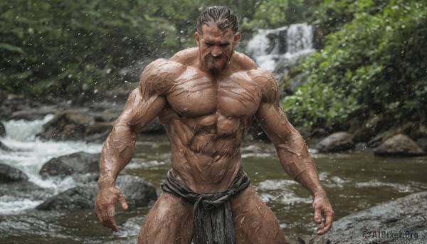 solo,looking at viewer,short hair,black hair,1boy,navel,underwear,nipples,grey hair,male focus,thighs,cowboy shot,outdoors,japanese clothes,water,stomach,blurry,wet,muscular,facial hair,scar,thick thighs,abs,thick eyebrows,pectorals,muscular male,nature,bara,pelvic curtain,beard,scar on face,large pectorals,veins,bulge,topless male,mature male,mustache,scar across eye,manly,male underwear,old,fundoshi,hair slicked back,chest hair,old man,loincloth,navel hair,photo background,scar on chest,leg hair,arm hair,scar on arm,wrinkled skin,scar on leg,veiny arms,closed eyes,dark skin,blurry background,dark-skinned male,rock,waterfall,thick arms