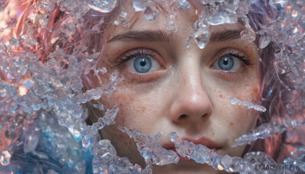 1girl,solo,looking at viewer,blue eyes,closed mouth,pink hair,water,blurry,lips,eyelashes,portrait,close-up,freckles,ice,realistic,bangs,black hair,frills,depth of field,bubble,air bubble,straight-on