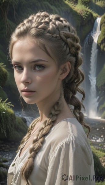 1girl,solo,long hair,looking at viewer,blonde hair,brown hair,shirt,dress,green eyes,white shirt,upper body,braid,outdoors,parted lips,day,water,necklace,blurry,twin braids,from side,tree,lips,wet,looking to the side,grey eyes,eyelashes,blurry background,nature,hair over shoulder,forehead,freckles,realistic,nose,waterfall,multiple braids,breasts,closed mouth,artist name,white dress,expressionless,sunlight,crown braid,dappled sunlight,river