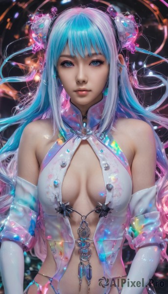 1girl,solo,long hair,breasts,looking at viewer,bangs,blue eyes,hair ornament,gloves,navel,cleavage,bare shoulders,jewelry,medium breasts,closed mouth,blue hair,upper body,pink hair,multicolored hair,earrings,elbow gloves,white gloves,hair bun,two-tone hair,lips,clothing cutout,double bun,gem,revealing clothes,breasts apart,realistic,nose,center opening