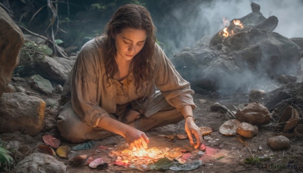 1girl,solo,long hair,brown hair,shirt,black hair,long sleeves,jewelry,sitting,closed mouth,closed eyes,outdoors,food,barefoot,pants,water,necklace,bracelet,tree,leaf,fire,plant,nature,smoke,rock,indian style,mushroom,on ground,dirty,log,lips,wavy hair,grass,realistic,fantasy,stone,campfire