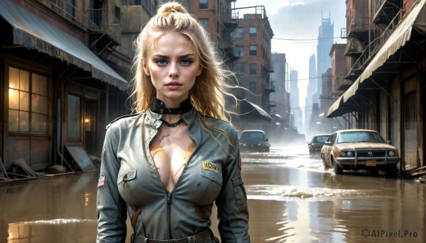 HQ,1girl,solo,long hair,breasts,looking at viewer,blue eyes,blonde hair,large breasts,cleavage,medium breasts,collarbone,jacket,upper body,ponytail,outdoors,parted lips,sky,choker,day,belt,water,uniform,collar,lips,no bra,bodysuit,makeup,ground vehicle,building,motor vehicle,forehead,zipper,reflection,pocket,city,realistic,nose,unzipped,car,road,breast pocket,dirty,jumpsuit,partially unzipped,mole,window,tattoo,scar,lipstick,wind,rain,street,breast tattoo