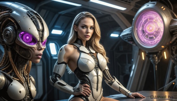 HQ,1girl,long hair,breasts,looking at viewer,blue eyes,multiple girls,blonde hair,brown hair,2girls,bare shoulders,brown eyes,medium breasts,closed mouth,purple eyes,leotard,lips,hand on hip,bodysuit,makeup,glowing,robot,lipstick,glowing eyes,science fiction,realistic,nose,cyborg,mecha