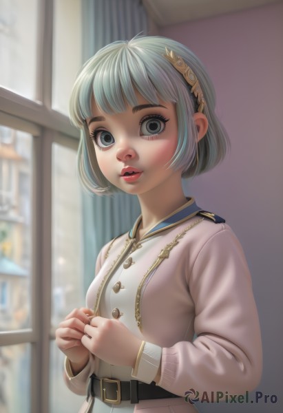 1girl,solo,breasts,looking at viewer,short hair,open mouth,bangs,blue eyes,hair ornament,long sleeves,blue hair,standing,jacket,upper body,grey hair,hairband,small breasts,parted lips,teeth,belt,artist name,indoors,blunt bangs,blurry,uniform,lips,grey eyes,military,eyelashes,window,military uniform,makeup,buttons,depth of field,blurry background,bob cut,curtains,buckle,black belt,belt buckle,realistic,nose,red lips,jewelry,multicolored hair,aqua hair,ring,epaulettes