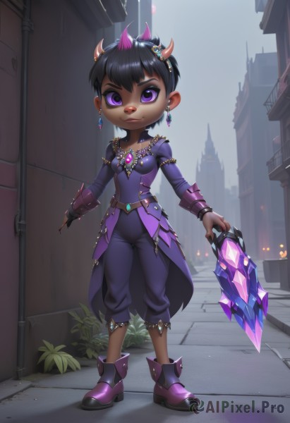 1girl,solo,breasts,looking at viewer,smile,short hair,bangs,black hair,long sleeves,holding,jewelry,medium breasts,closed mouth,standing,purple eyes,full body,weapon,multicolored hair,earrings,boots,outdoors,horns,shoes,shiny,pants,artist name,dark skin,necklace,nail polish,holding weapon,dark-skinned female,blood,makeup,building,gem,crystal,purple footwear,purple pants,green gemstone,nose piercing,shirt,hair ornament,animal ears,collarbone,small breasts,teeth,day,signature,mole,shiny hair,flat chest,:3,black pants,happy,mole under mouth,claws,multicolored clothes,furry,furry female,vambraces,stud earrings,purple jacket,body fur,animal nose,two-tone fur,puffy pants,pointy footwear