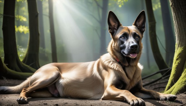 HQ,solo,brown eyes,full body,outdoors,lying,day,tongue,signature,tongue out,collar,tree,no humans,animal,sunlight,on stomach,nature,forest,dog,light rays,realistic,animal focus,looking at viewer,blurry,on side