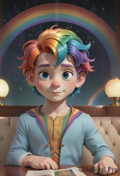 solo,looking at viewer,blush,smile,short hair,blue eyes,shirt,long sleeves,1boy,sitting,closed mouth,blue hair,jacket,upper body,purple hair,male focus,multicolored hair,green hair,artist name,indoors,orange hair,two-tone hair,streaked hair,book,buttons,watermark,chair,table,messy hair,child,couch,web address,personification,freckles,paper,lamp,male child,rainbow,rainbow hair,blonde hair,red hair,aged down,animification