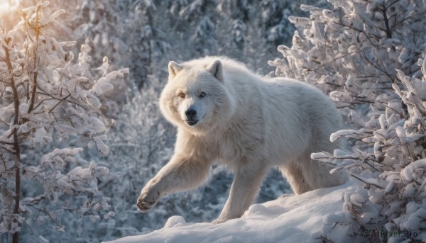 outdoors, blurry, tree, no humans, animal, snow, dog, realistic, animal focus, winter