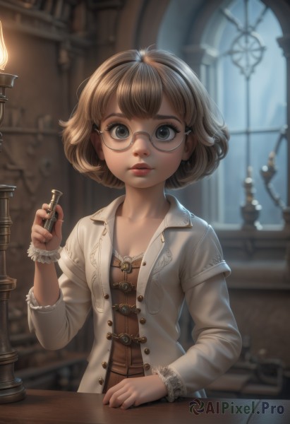 1girl,solo,looking at viewer,short hair,bangs,blue eyes,brown hair,long sleeves,holding,closed mouth,collarbone,jacket,upper body,hairband,open clothes,glasses,artist name,indoors,blurry,lips,coat,grey eyes,eyelashes,window,makeup,depth of field,blurry background,table,bob cut,lipstick,semi-rimless eyewear,realistic,round eyewear,rimless eyewear,breasts,small breasts,open jacket,wrist cuffs,watermark,white jacket,under-rim eyewear,red lips,candle,chess piece,candlestand,king (chess)