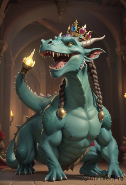 solo,long hair,open mouth,brown hair,1boy,jewelry,nipples,tail,full body,yellow eyes,braid,male focus,earrings,horns,teeth,tongue,artist name,indoors,twin braids,no humans,muscular,colored skin,fangs,piercing,abs,fire,crown,sharp teeth,slit pupils,gem,claws,colored sclera,dragon,dragon tail,candle,scales,yellow sclera,monster boy,standing,signature,watermark,blue skin