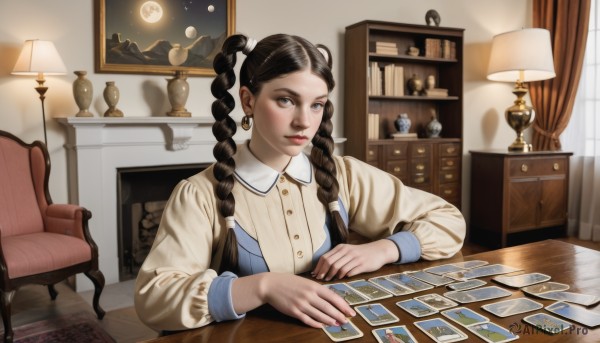 1girl,solo,long hair,looking at viewer,brown hair,shirt,black hair,long sleeves,dress,twintails,brown eyes,jewelry,sitting,upper body,braid,earrings,indoors,twin braids,lips,book,window,buttons,chair,table,curtains,desk,realistic,card,nose,bookshelf,lamp,photo (object),playing card,picture frame,blue eyes,closed mouth,white shirt,collared shirt,nail polish,fingernails,makeup,night,moon,sunlight,lipstick,full moon,shelf,mascara,drawer,picture (object),cabinet,wooden table