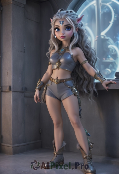 1girl,solo,long hair,breasts,looking at viewer,smile,blue eyes,navel,bare shoulders,jewelry,very long hair,standing,full body,white hair,grey hair,earrings,small breasts,boots,horns,shorts,pointy ears,midriff,belt,indoors,dark skin,nail polish,bracelet,dark-skinned female,lips,fingernails,short shorts,makeup,colored skin,wavy hair,facial mark,elf,gem,red nails,armlet,bracer,forehead jewel,long pointy ears,hair ornament,necklace,watermark,tiara,lipstick,web address,forehead mark,ankle boots