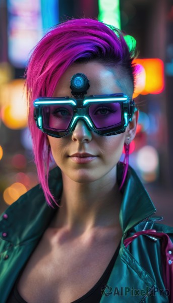 1girl,solo,breasts,looking at viewer,short hair,cleavage,jewelry,medium breasts,closed mouth,collarbone,jacket,upper body,pink hair,purple hair,earrings,open clothes,artist name,blurry,open jacket,lips,eyelashes,makeup,blurry background,watermark,lipstick,goggles,portrait,web address,eyeshadow,goggles on head,asymmetrical hair,realistic,nose,leather,undercut,leather jacket,mascara,cyberpunk,blue eyes,black shirt,depth of field,sunglasses,science fiction,tinted eyewear,cyborg,bokeh