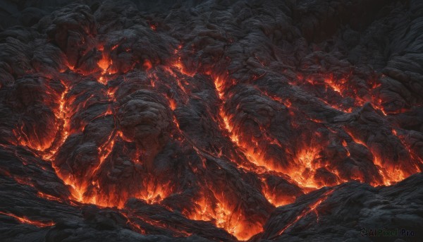 no humans, fire, scenery, monster, rock, cave, molten rock