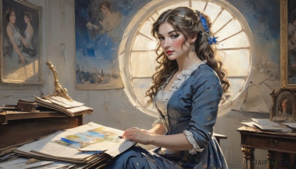 1girl,solo,long hair,breasts,looking at viewer,blue eyes,brown hair,black hair,hair ornament,dress,cleavage,jewelry,medium breasts,sitting,flower,earrings,frills,parted lips,indoors,hair flower,necklace,lips,book,window,makeup,blue dress,wavy hair,chair,table,desk,blue flower,paper,realistic,red lips,paintbrush,painting (object),quill,painting (action),canvas (object),easel,blush,ribbon,holding,brown eyes,hair ribbon,teeth,day,hair bun,sunlight,curly hair,nose,pencil,picture frame,picture (object)