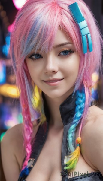 1girl,solo,long hair,breasts,looking at viewer,smile,bangs,blue eyes,hair ornament,cleavage,bare shoulders,medium breasts,blue hair,upper body,pink hair,braid,multicolored hair,parted lips,blurry,twin braids,two-tone hair,lips,eyelashes,gradient hair,makeup,blurry background,side braid,realistic,nose,large breasts,teeth,depth of field,portrait