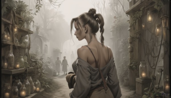 1girl,long hair,brown hair,shirt,black hair,bare shoulders,monochrome,ponytail,braid,outdoors,solo focus,belt,looking back,off shoulder,bag,hair bun,from behind,tree,back,bottle,plant,scenery,lantern,handbag,shoulder bag,off-shoulder shirt,potted plant,sepia,bra strap,statue,jar,solo,multiple girls,lips,nature,nape