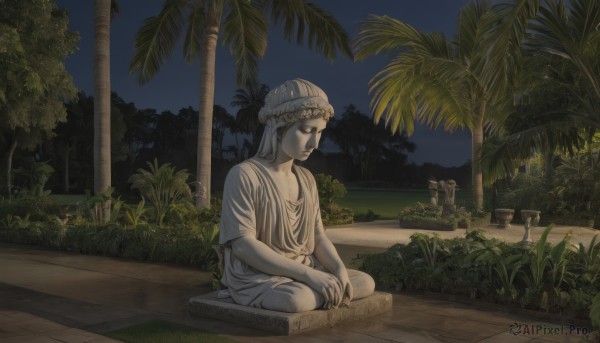 solo,long hair,1boy,sitting,male focus,outdoors,sky,tree,night,plant,robe,palm tree,bush,indian style,statue,turban,1girl,closed mouth,closed eyes,short sleeves,barefoot,signature,grass,night sky,scenery