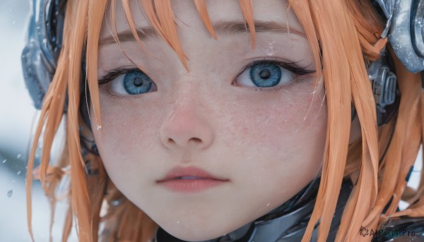 1girl,solo,looking at viewer,bangs,blue eyes,blonde hair,parted lips,artist name,orange hair,blurry,lips,eyelashes,blurry background,headgear,headphones,portrait,close-up,freckles,realistic,nose,eye focus,long hair,headset