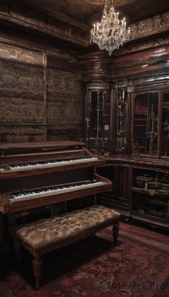 indoors,no humans,window,chair,table,instrument,scenery,stairs,candle,statue,piano,carpet,candlestand,chandelier,grand piano,bed,rug,fireplace