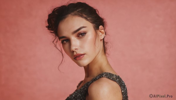 1girl,solo,looking at viewer,short hair,blue eyes,simple background,brown hair,bare shoulders,closed mouth,upper body,from side,lips,looking to the side,pink background,tank top,portrait,freckles,realistic,nose,black hair,dress,parted lips,black dress,grey eyes,red background