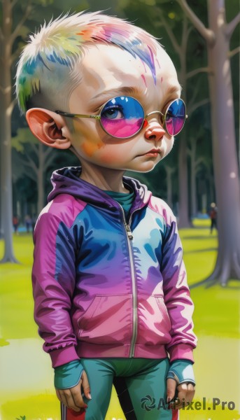 solo,looking at viewer,short hair,blue eyes,blonde hair,long sleeves,1boy,closed mouth,standing,jacket,male focus,multicolored hair,outdoors,glasses,day,pants,artist name,hood,blurry,tree,hoodie,sunglasses,grass,child,nature,zipper,female child,pink jacket,male child,tinted eyewear,park,pink-tinted eyewear,gloves,fingerless gloves,lips,blurry background,hood down,multicolored clothes,bald